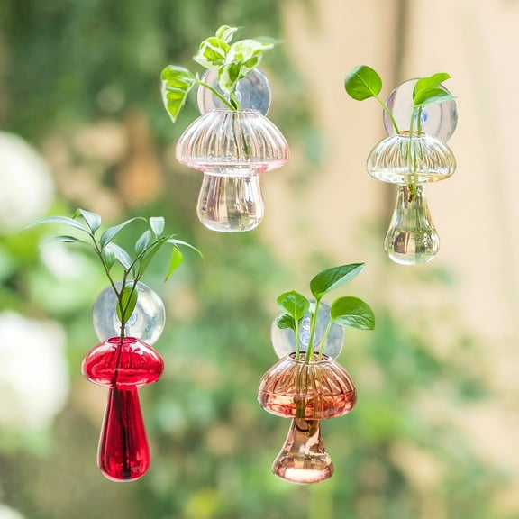 Glasseam Set of 4 Cute Mushroom Glass Vases: Hydroponic Planters with Suction Cups for Window Plant Display Charming Home Decor Gardening Gifts for Herbs Succulents Indoor Terrarium Kit