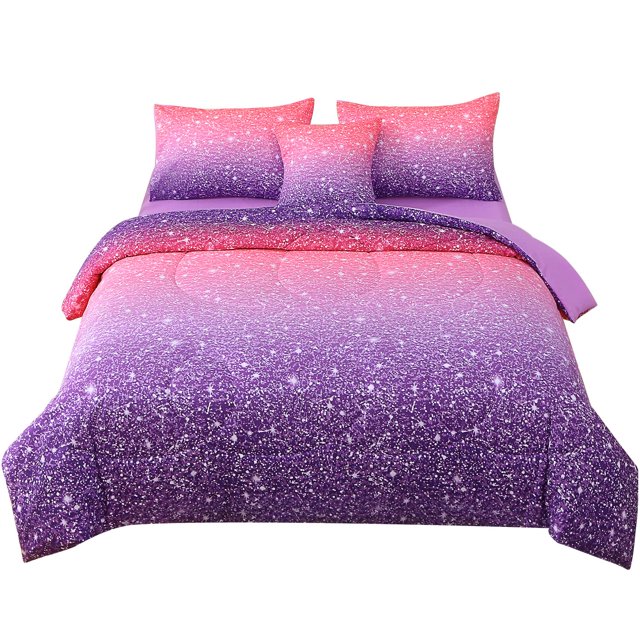 JQinHome Full Size Pink Purple Comforter Set , 6 Piece Bed in A Bag 3D