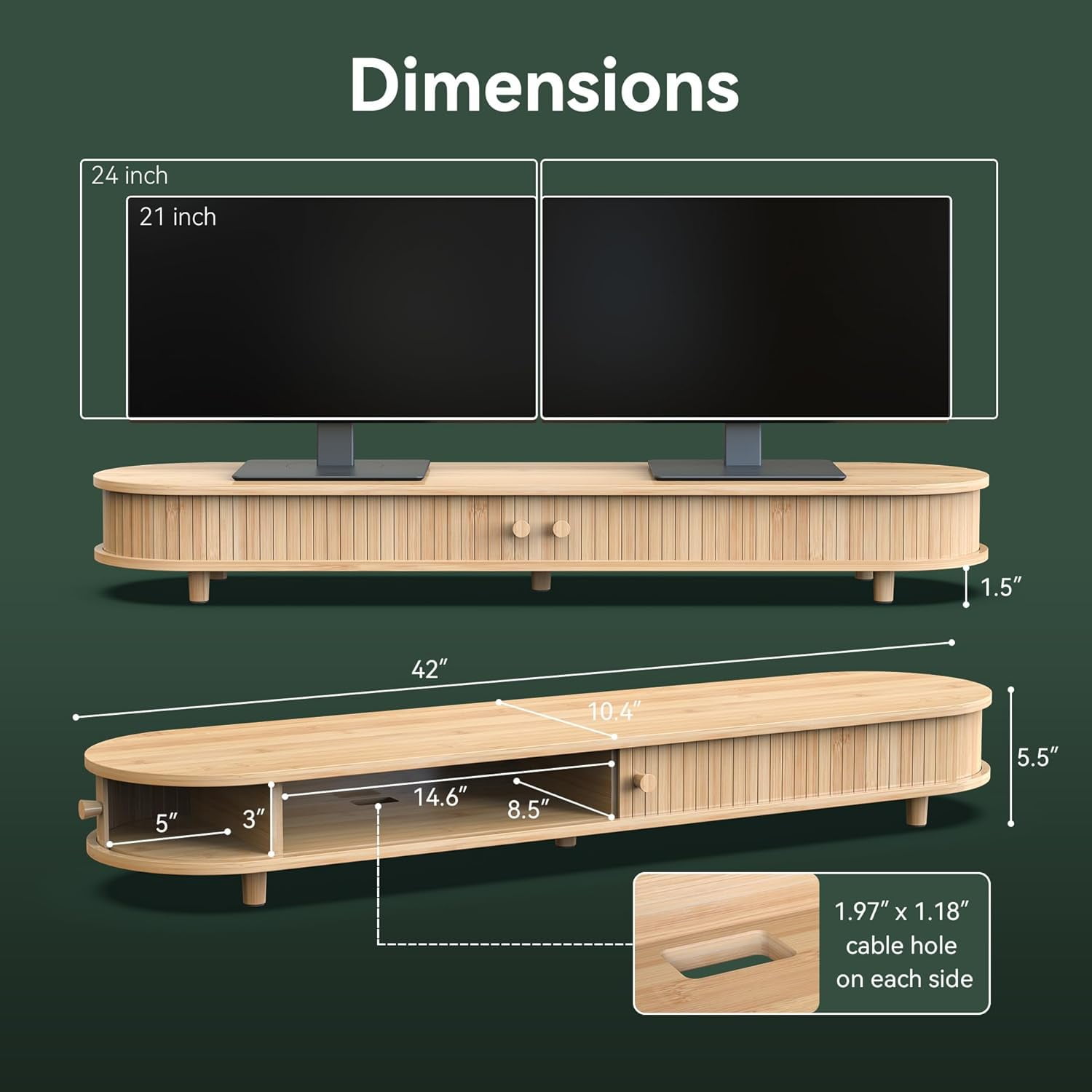 Bamboo Dual Monitor Stand with Storage, Curved Double Computer Laptop Stand Desk Shelf Organizer with Sliding Doors (42 inch)
