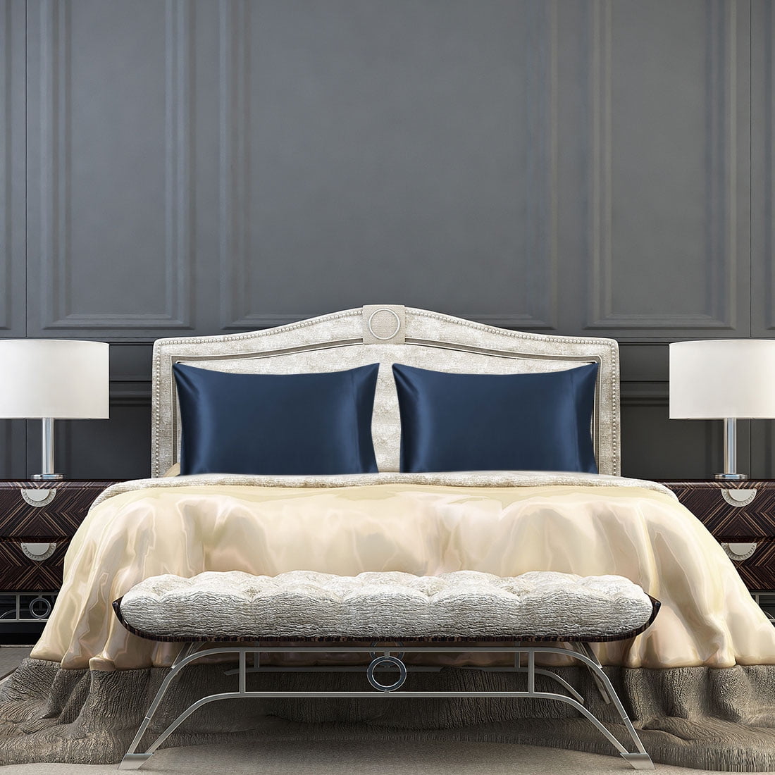 PiccoCasa 2 Pcs Silk Pillowcase Both Sides Silk + 2 Pcs Eye Mask for Hair and Skin with Envelope Closure Queen Navy Blue