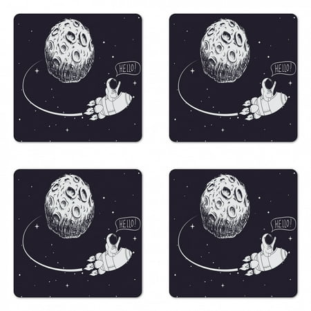 

Hello Coaster Set of 4 Hand Waving Astronaut in a Rocket from Moon Doodle Cosmic Outer Space Theme Square Hardboard Gloss Coasters Standard Size Indigo and White by Ambesonne