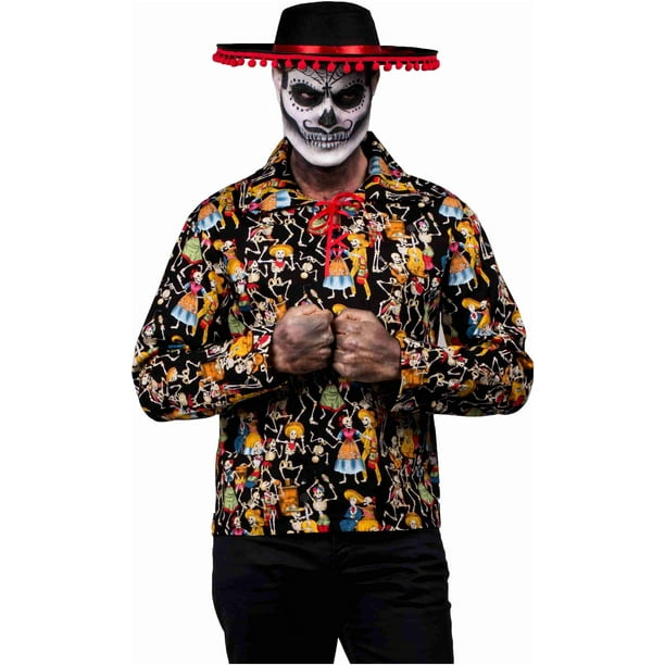 Costume de Fête Homme Mort Chemise Homme Adulte Jour de la Mort Noir Squelette Moyen