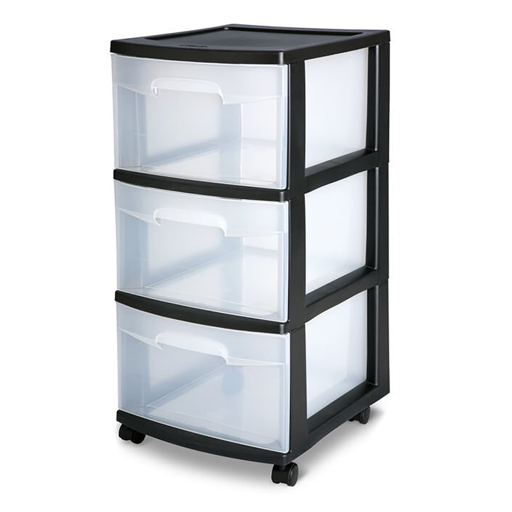 4 Pack Sterilite 28309001K 3 Drawer Rolling Caster Wheel Home Organizer Storage Cart with Durable Plastic Frame Black Clear Drawers 