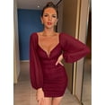 thumbnail image 4 of Anbech V Neck Mini Dress Drawstring Side Long Sleeves for Women Ruched Bodycon Party Dress,burgundy, 4 of 6