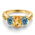 thumbnail image 3 of Gem Stone King 18K Yellow Gold Plated Silver Yellow Citrine and Persian Blue Moissanite Filigree Style 3 Stone Ring for Women (2.15 Cttw, Oval 8X6MM and 6X4MM) (Size 5), 3 of 6