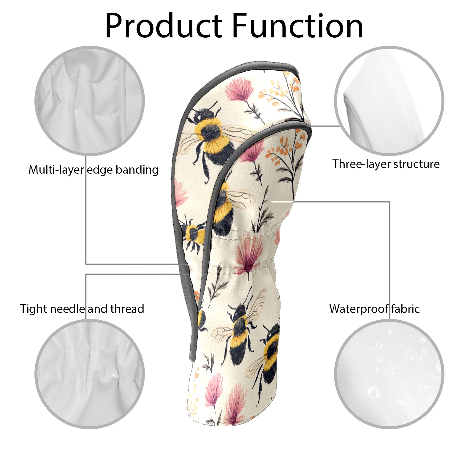 Golf Club Covers PU Leather Waterproof Head Covers for Fairway Woods Hybrids Bee Pattern Unisex Fits Most Brands