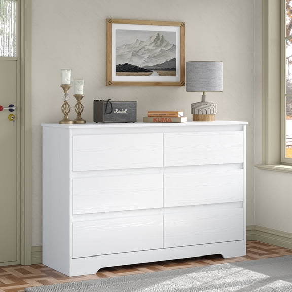 FURNIDECO Modern 6 Large Storage Drawers Dresser for Clothes Organizer, Off White Modern Chest of Drawers for Closet, 47" Long Drawer Organizer Cabinet for Bedroom for Bedroom, Living Room, Entryway