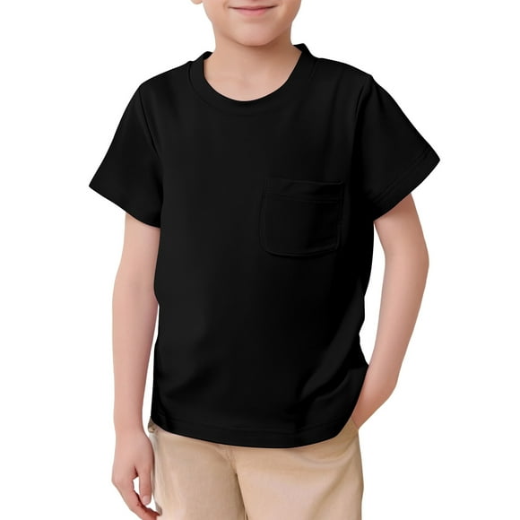GDREDA Small Boys Shirt Unisex Kid's Boys Girls Basic Short Sleeve Solid Color T Shirts Pocket Tee Crew Neck Shirt Black,12-13 Years