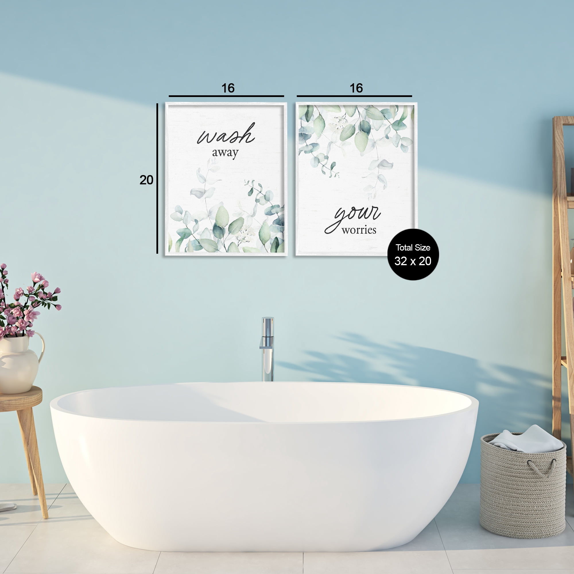 Wash Away Your Worries Leaves 2 Piece White Framed Giclee Art Set, design by Lettered and Lined