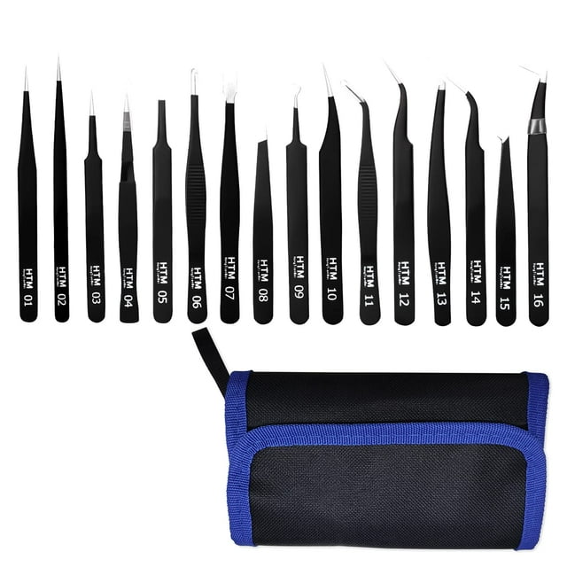 Juego de pinzas de precisión afiladas de 16 piezas que incluyen 16 tipos de pinzas médicas Esd de acero inoxidable antiestáticas para joyería artesanal, trabajos de laboratorio de soldadura electrónic