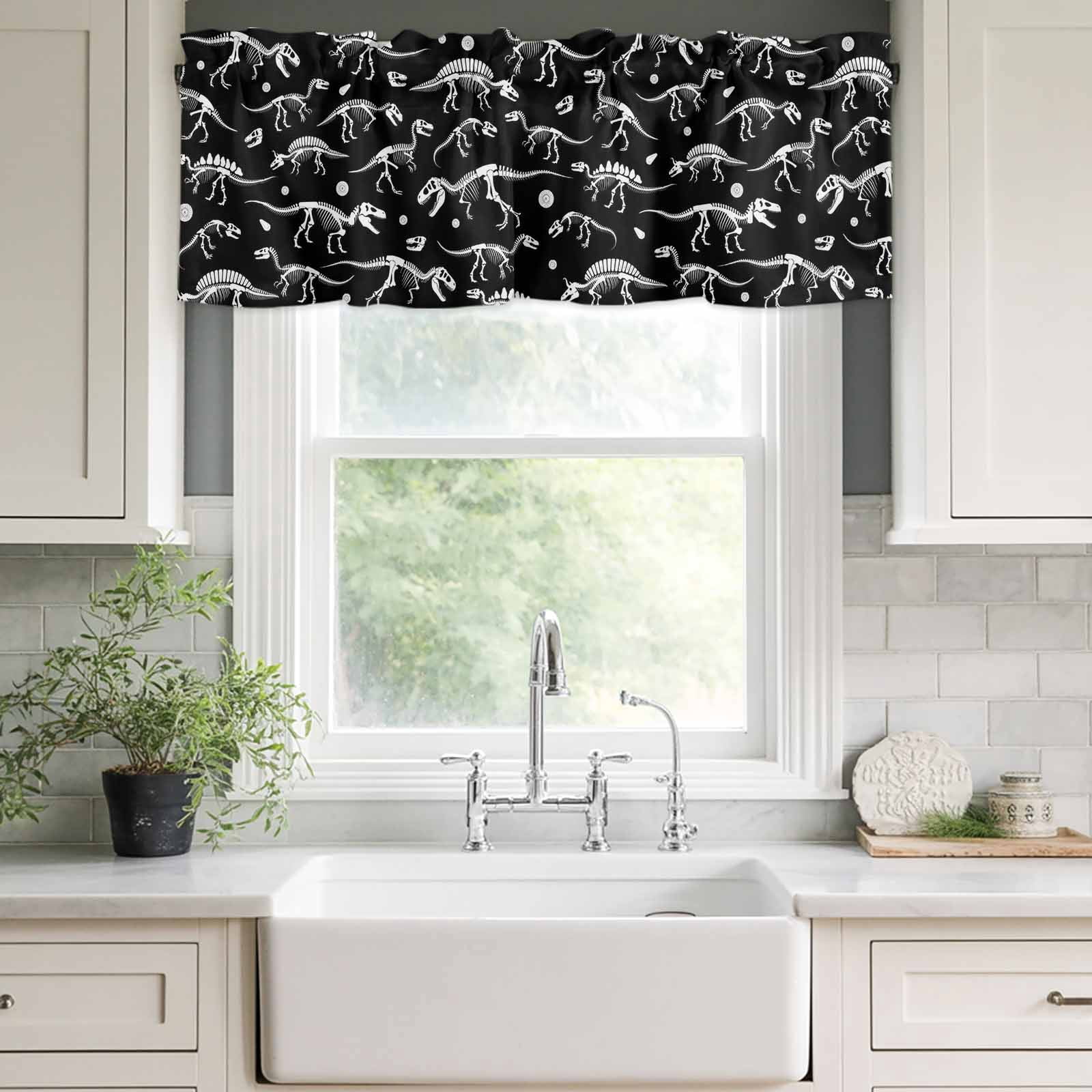 Halloween Dinosaur Black Kitchen Valances for Windows, Funny Dino Skull Boys Girls Children Bathroom Window Valances 60x18 Inch Window Treatments Valance Curtains for Living Room Bedroom Decor