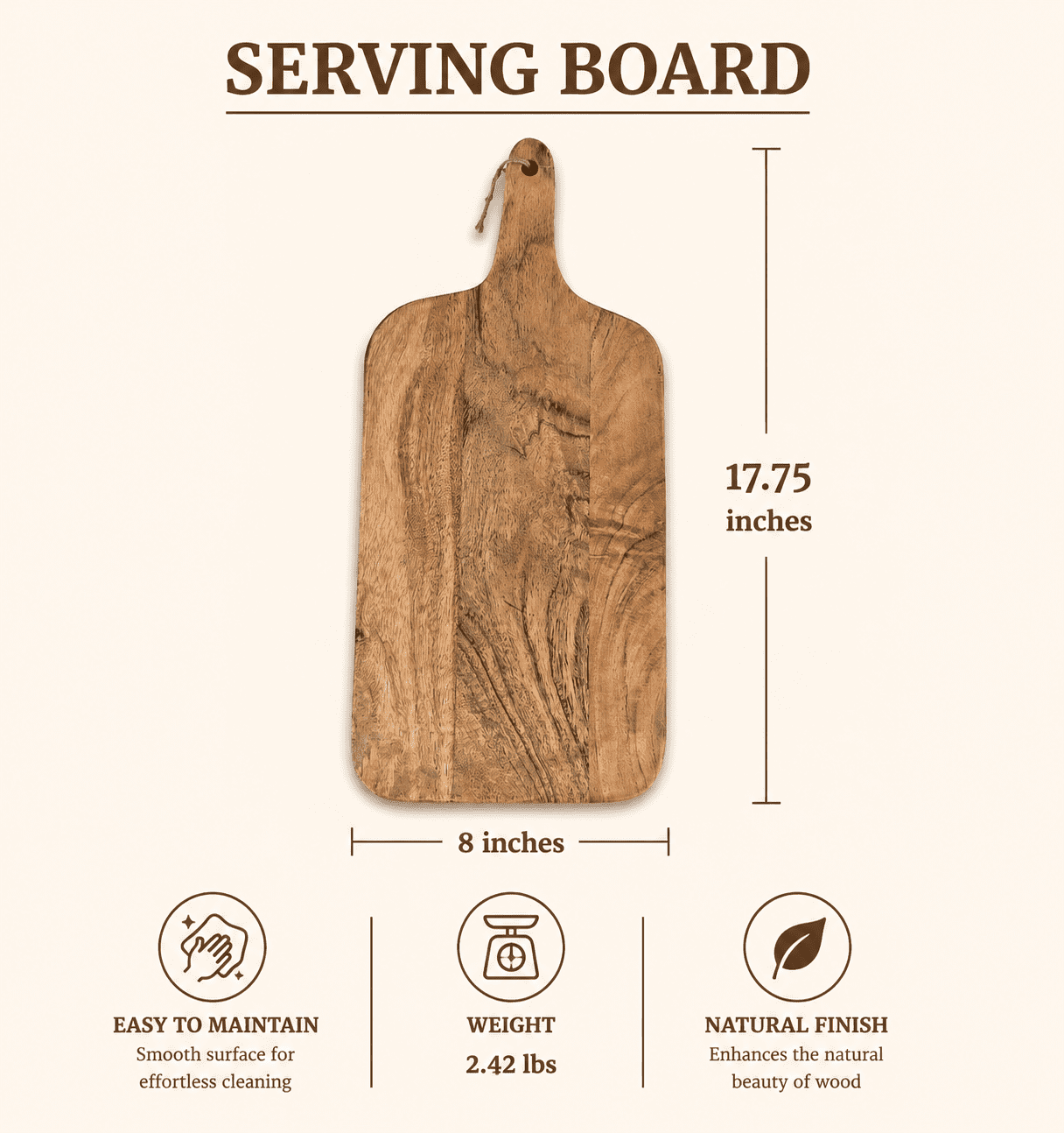 Acacia Wood Chopping Board with Handle, Wooden Cutting Board for Kitchen, Serving Board for Bread, Cheese, Fruits & Vegetables, Handcrafted Wood Paddle Board, 8x0.75x17.75 Inches