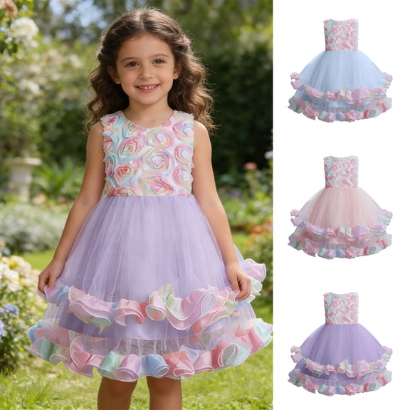 Gunia Flower Little Girl Dress Party With 3D Floral Appliques Tutu Gown Kids Wedding Purple Dress For Girls 2-10 Years