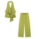thumbnail image 2 of Conjunto de dos piezas de moda para mujer, blusa lisa con cuello halter plisado y pantalones rectos, traje de pantalón elegante vintage para mujer, 2 of 5
