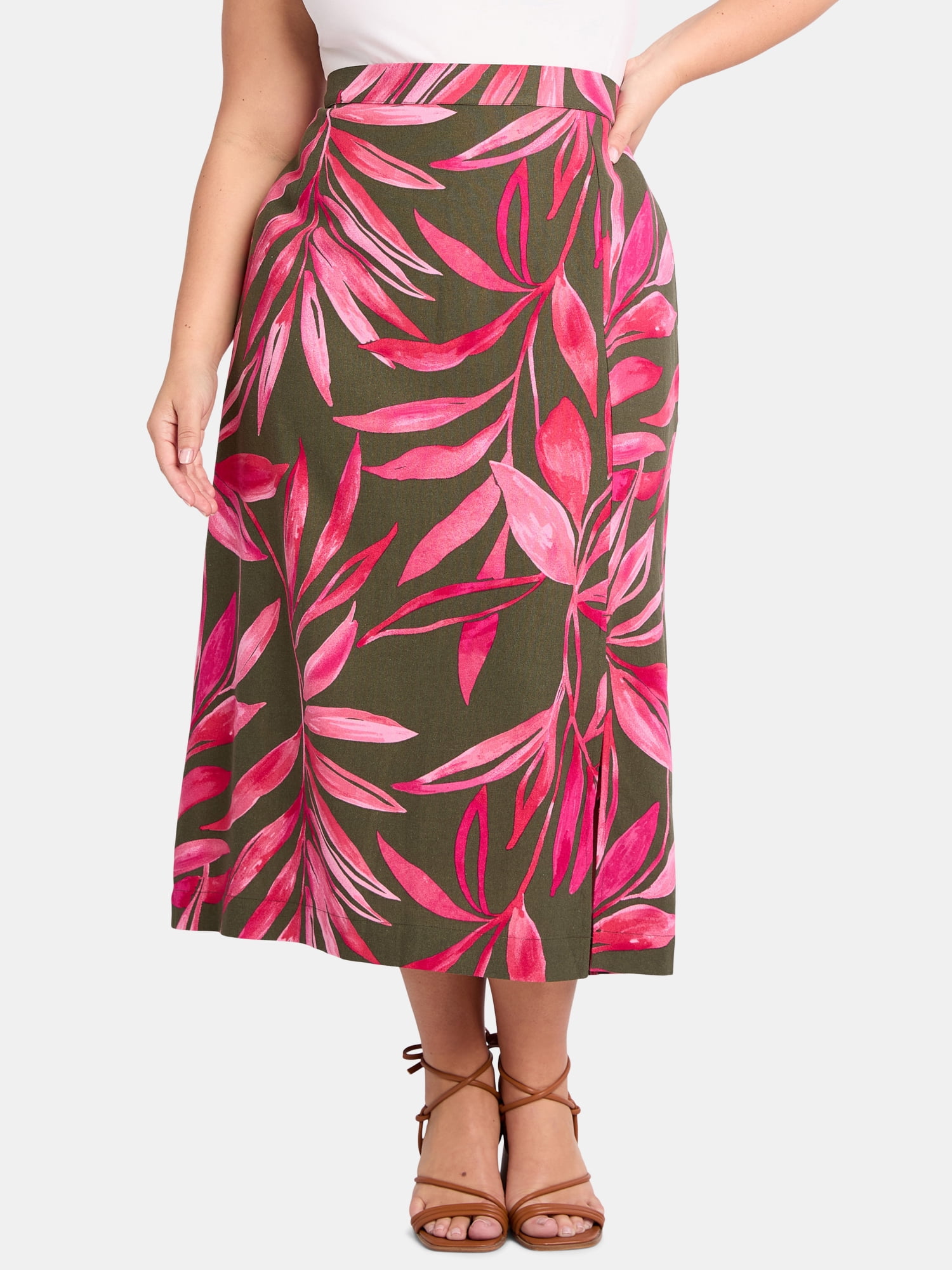 Time and Tru Women's and Women’s Plus Linen Blend Midi Skirt with Side Slit, Sizes XS-4X