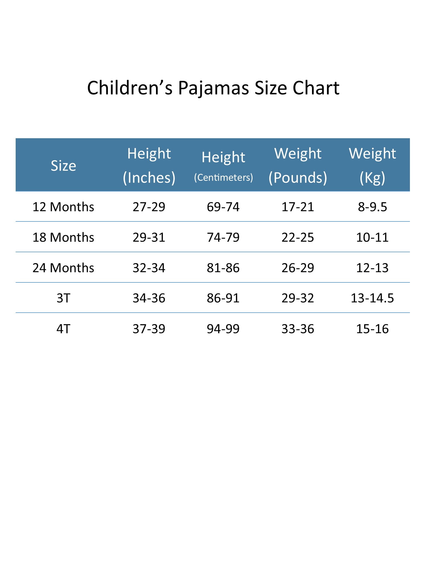Disney Pajamas Size Chart
