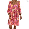 thumbnail image 2 of Robe d'Été à Manches Longues Robe en V Robe d'Été pour Femmes Robe à Col Imprimé Ample, Rouge, m, 2 of 5