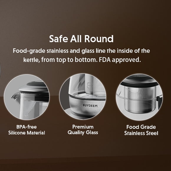 BUYDEEM K2423 Théière, Bouilloire Électrique Durable en Acier Inoxydable 316 et Verre Allemand Schott, Infuseur Amovible, Maintien Automatique au Chaud, Sans BPA, 1,2L