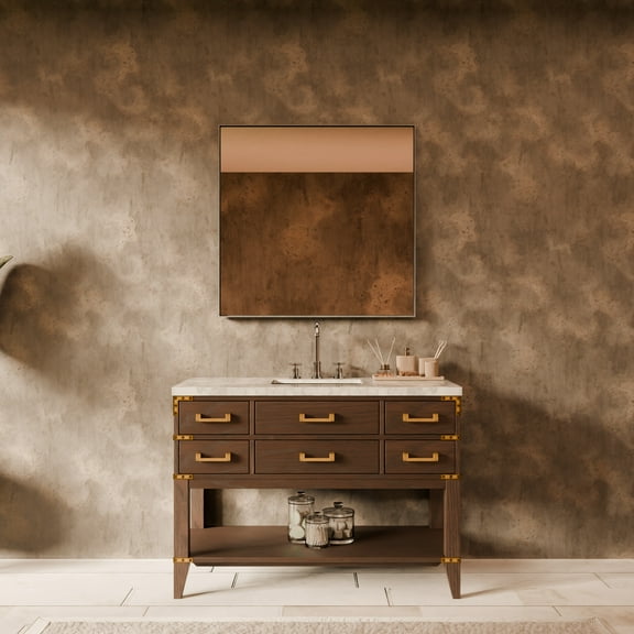 Woodhaven 48 in W x 22 in D Brown Oak Single Bath Vanity, Carrara Marble Top and 46 in Mirror