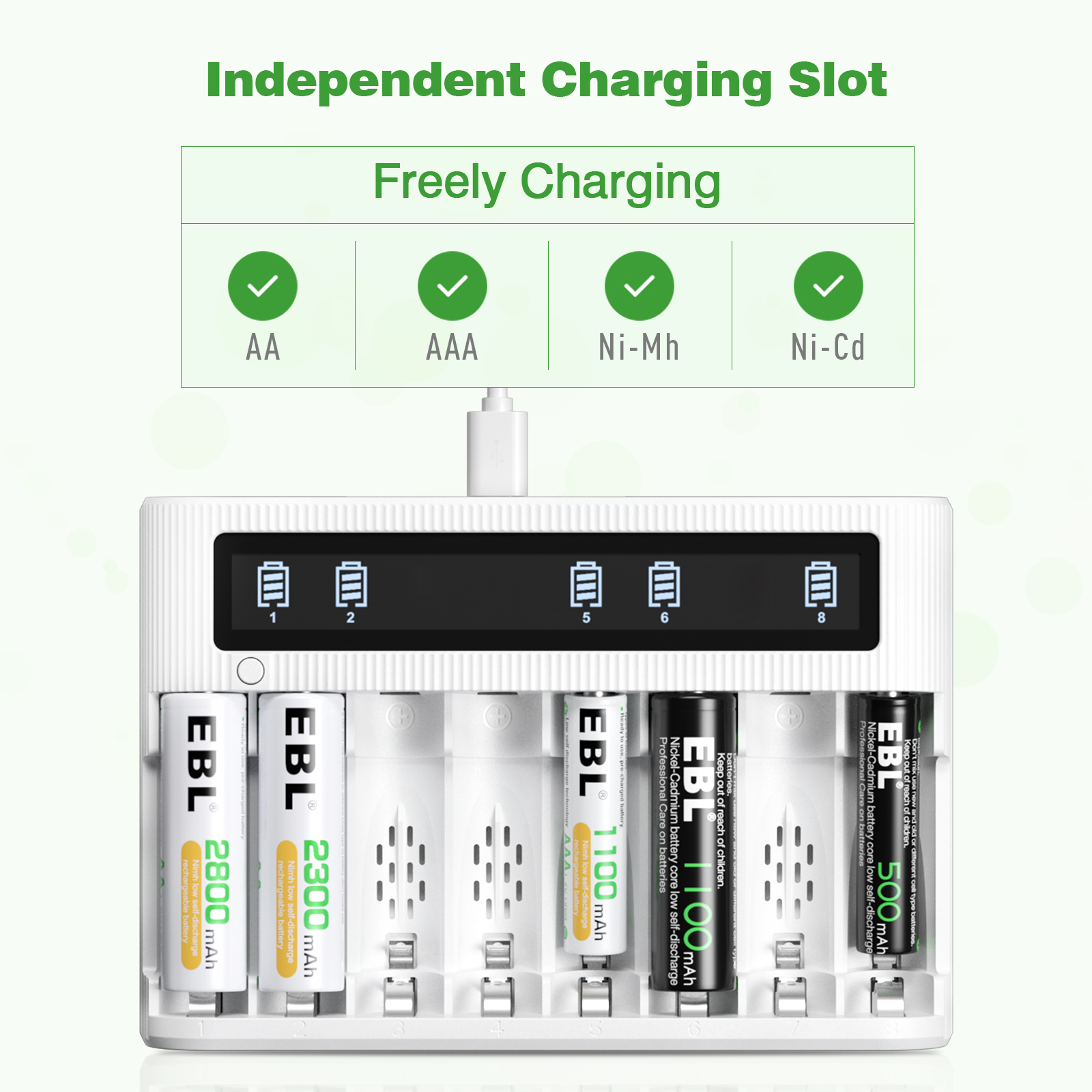 EBL 4-Pack Rechargeable AA Batteries (NiMH 2800mAh  1100mAh) AAA Batteries + Smart LCD 8 Bay Battery Charger
