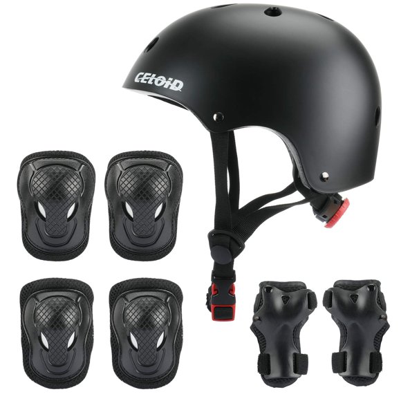 CELOID Ensemble de Coussinets de Casque pour Enfants, Casque de Planche à Roulettes et de Vélo pour Enfants Ajustable Genouillères et Coudières Protège-Poignets 10-14-16 Ans Enfants, Ensemble d'Équipement de Protection pour Filles Garçons Bicyclette Patin Trottinette Sport, Bla