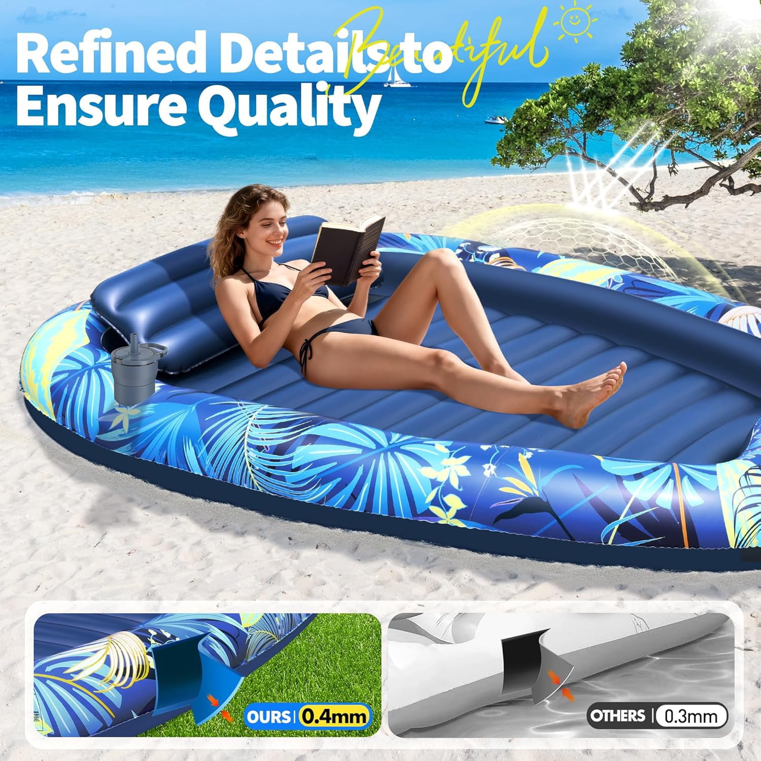 2026 Luxury 2 Person Inflatable Tanning Pool Lounger Float, 90 x 67 Inch Extra Large Inflatable Tanning Bed, Sunbathing Pool with Drink Holders & Handles, Personal Suntan Tub for Backyard