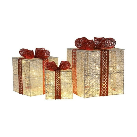 Set Of 3 Lighted Gift Boxes Pre-Lit Present Xmas Decor - White