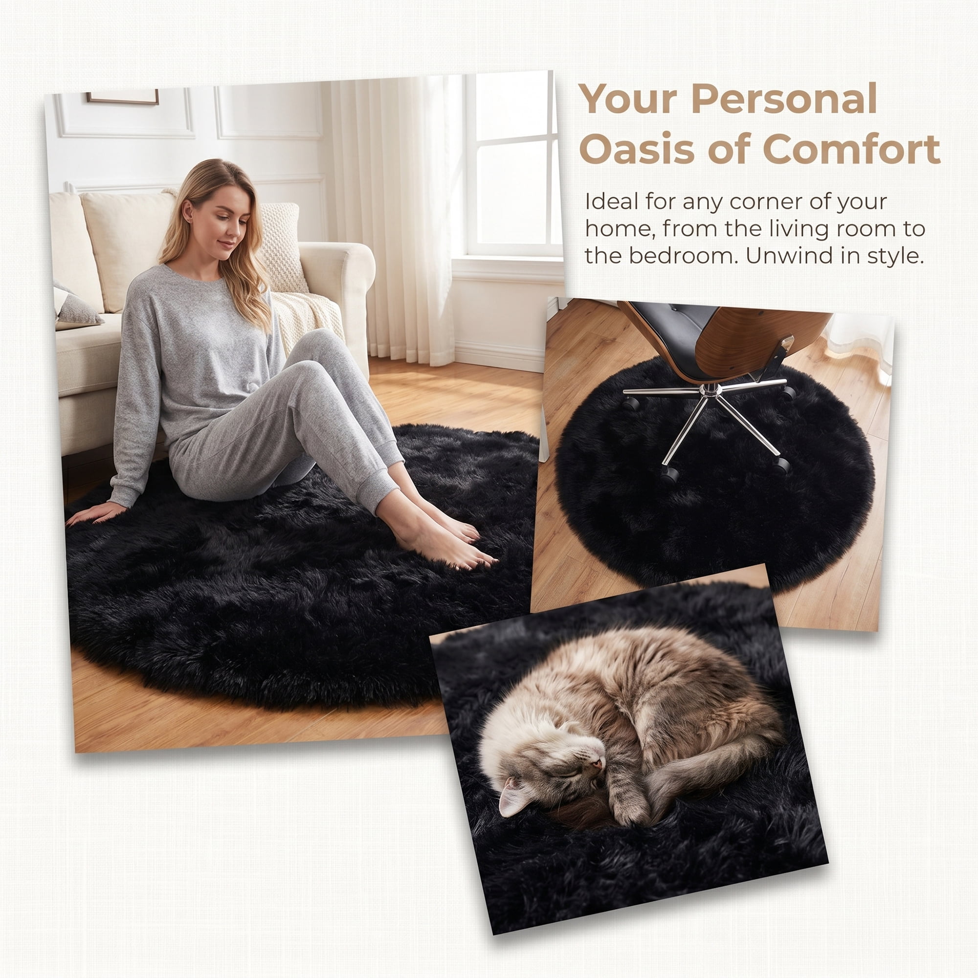 Unique Bargains Shaggy Round Area Rug Fluffy Non-Slip Fuzzy Carpet 28" x 28" Black