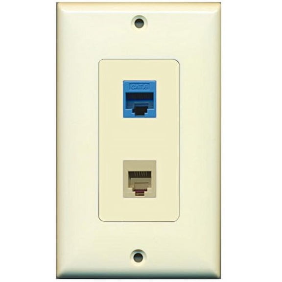 RiteAV - 1 Port Phone Beige 1 Port Cat6 Ethernet Blue Decorative Wall Plate - Light Almond