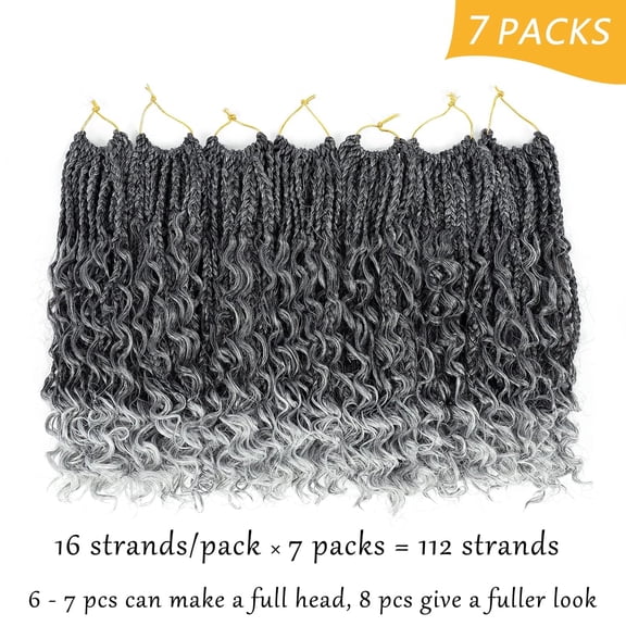 WEIF-Goddess Box Braids Crochet Hair for Woman 12 Inch 7 Packs Short Pre-looped Crochet Box Braids Curly Ends Bohemian Hippie Crochet Braids Synthetic Braiding Hair Extension (1B/Grey)