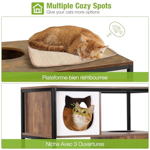 Aivituvin All-in-One Cat Litter Box Enclosure Hidden Litter Box Furniture with Cat Tree, Scratching Post, Cozy Cat Cave, Hanging Hammock, Storage Cabinet, Durable & Space-Saving