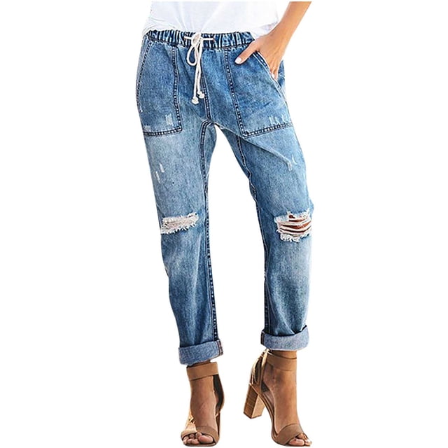Pantalones de Bolsillo Rasgados Para Mujer Pantalones Casuales Con Cordón Lavado En La Cintura Elástica Con Cordón de Mezclilla Odeerbi ODB-6