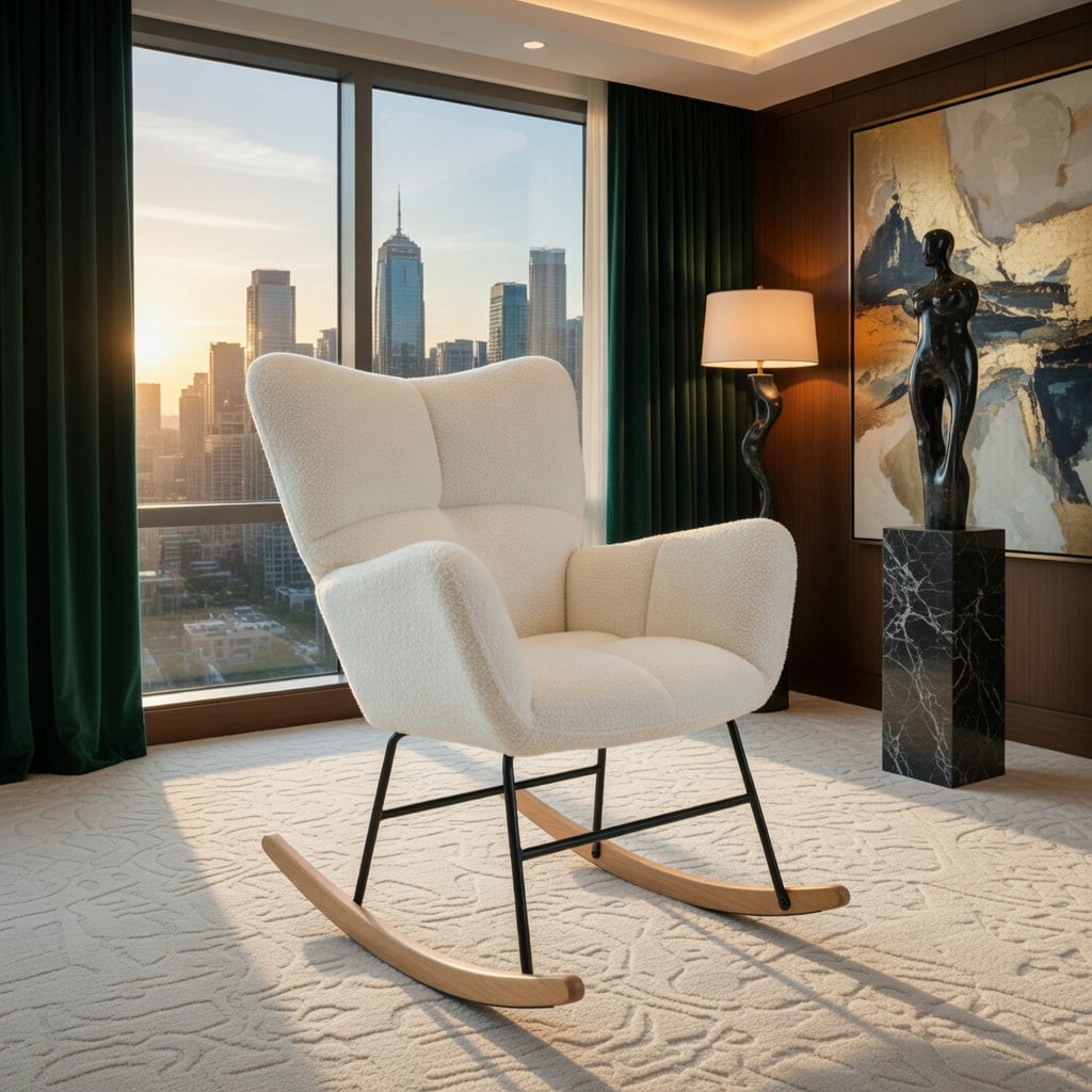 Demi Bonn Upholstered Rocking Chair, Accent Chair with Comfy Backrest and Armrest, Suitable for Home, Living Room and Bedroom, Beige