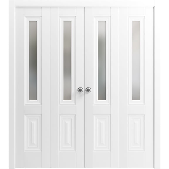 Sliding Closet Double Bi-fold Doors | Lucia 8822 White Silk with Frosted Glass | Sturdy Tracks Moldings Trims Hardware Set | Wood Solid Bedroom Wardrobe Doors