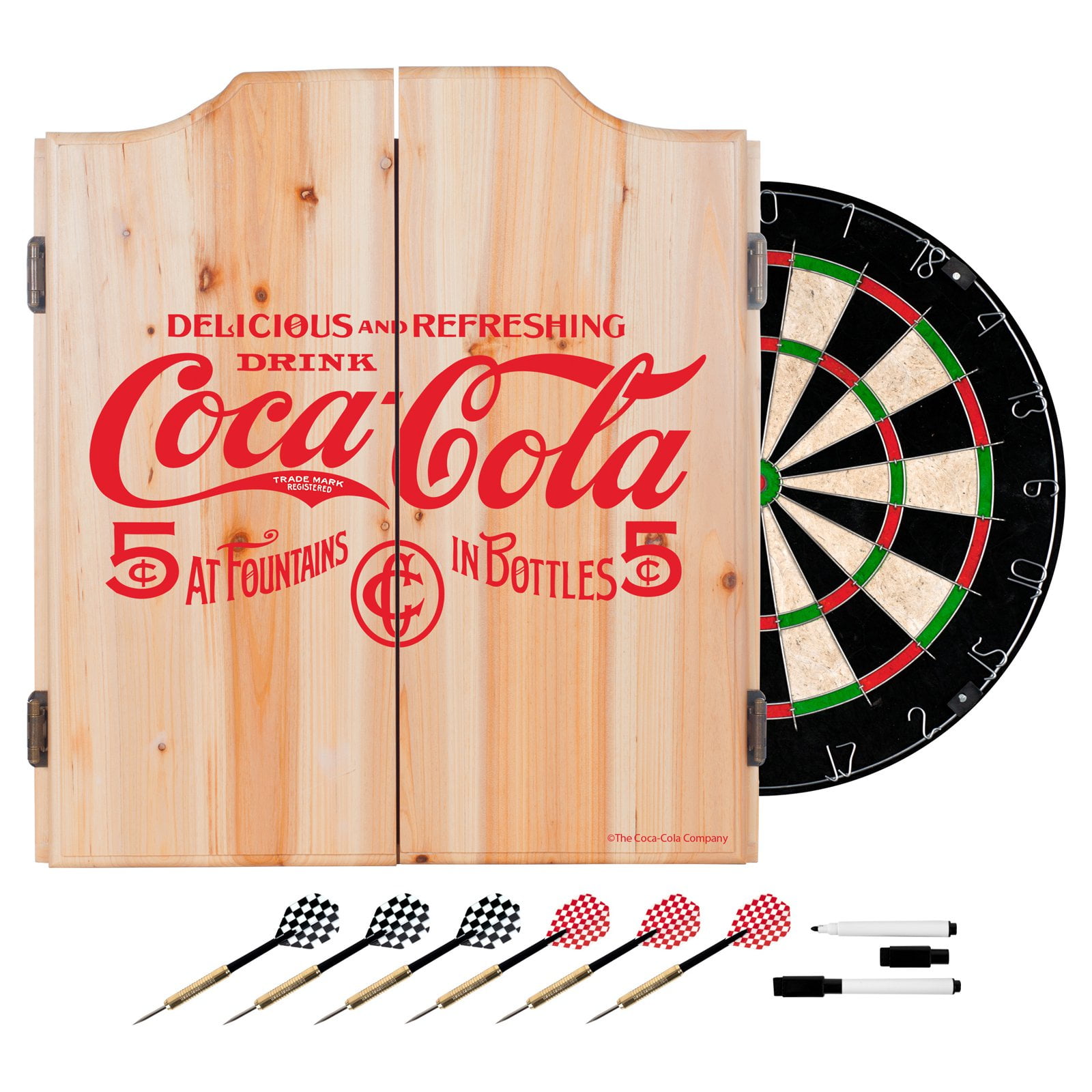 Coca Cola Dart Cabinet Set with Darts and Board, 5 Cents Black