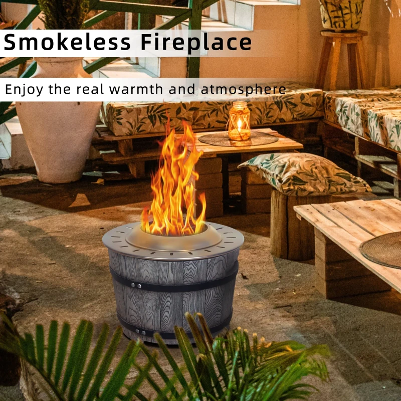 Afterglow Smokeless Fire Pit, 20.5" Round Wood Burning Stainless Steel Top and TerraFab Material Base,Firepit with Weather Cover Perfect for Outdoor Patio Garden, Wood Grain Gray