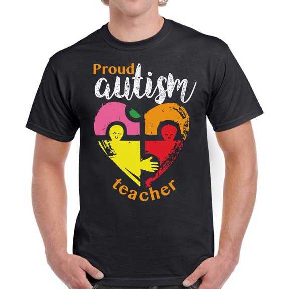 Men T-Shirt Proud Autism Teacher - Puzzle Heart Print Graphic Tee - S M L XL 2XL 3XL 4XL 5XL