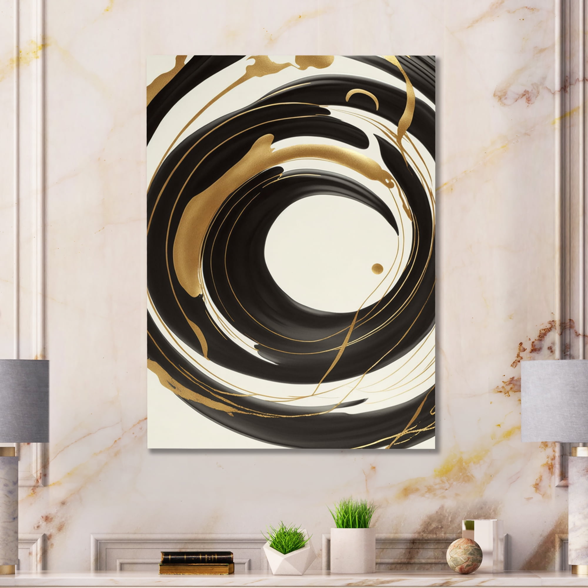 Designart Black, Silver And Gold Blending Swirls V Canvas Wall Art