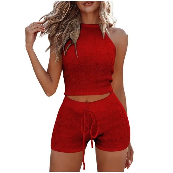 TEAJOPSUU Womens 2 Piece Sets Halter Sleeveless Tank Top High Drawstring Waisted Shorts Sets Slim Fitted Hot 2 Piece Clothing Sets Red
