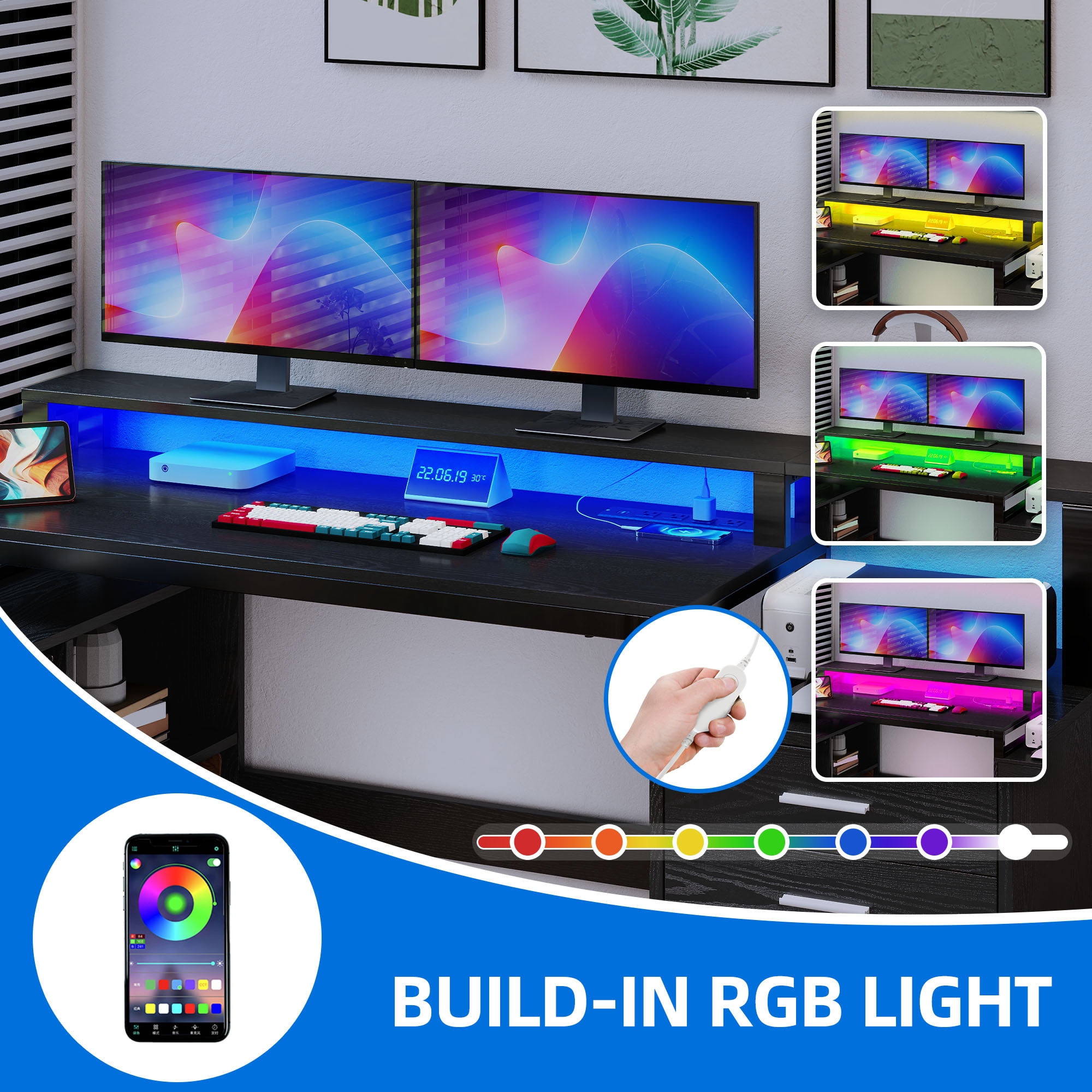 Dextrus L Shaped Desk with LED Light & Power Outlets, Corner Computer Desk with Drawers & Open Storage Shelves, Black
