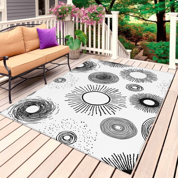 Geometric Black Outdoor Rug for Patio/Deck/Porch, Non-Slip Large Area Rug 4 x 6 Ft, Abstract Grey White Boho Circle Dot Indoor Outdoor Rugs Washable Area Rugs, Reversible Camping Rug Carpet Runner