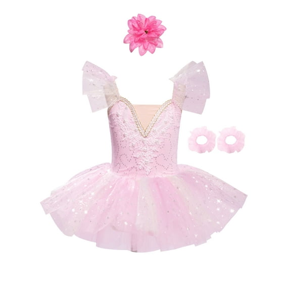 TTAO Kids Girls Ballerina Swan Lake Dance Leotard Tutu Dress Professional Ballet Outfits with Hair Clip Cuffs Set Pink 3-4