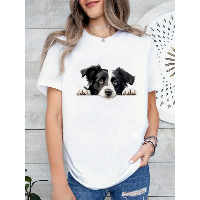 Adorable Border Collie Puppy Print Tee - Women's Comfy Soft Stretch Sportswear, Round Neck Short Sleeve T-Shirt, All-Season Polyester Blend, Machine Washable, Dog Shirt