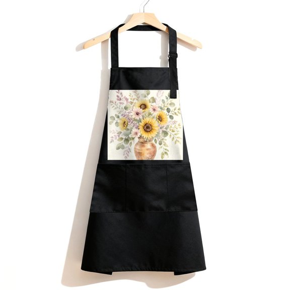 RKSupls Waterproof Bib Apron with 3 Pockets, Sunflower Bouquet In Vase Adjustable Neck Strap Soft Polyester Water Resistant Apron for Kitchen Restaurant Home Use