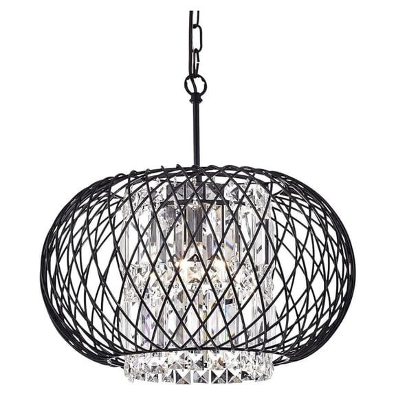 Round Drum Crystal Chandelier, 3 Lights Glam Lighting Fixture with Antique Black Finish, Rectangular Crystals and Woven Shade, Entryway, Living, Dining, Bedroom