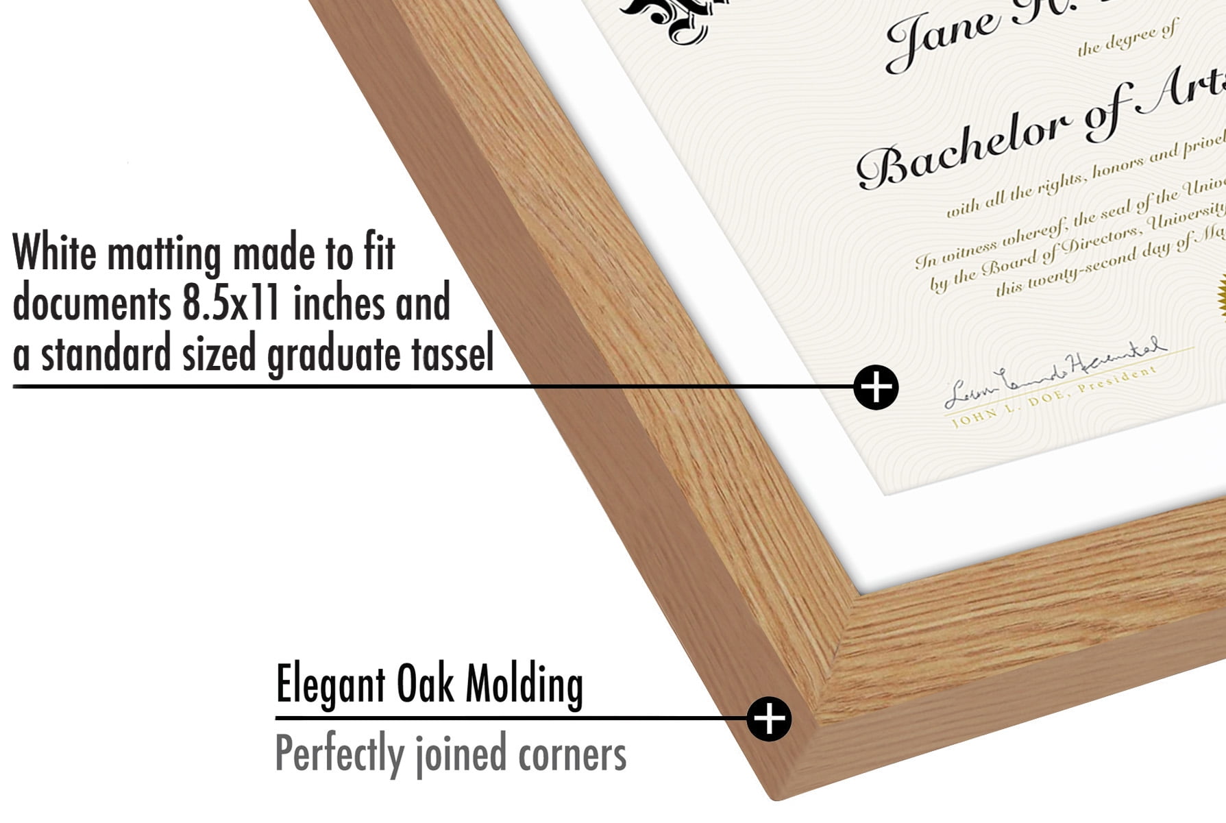 Americanflat 11x16 Oak Graduation Frame 2 Opening Mat Displays 8.5"x11" Diploma or Certificate and Tassel. Tempered Shatter-Resistant Glass. 2X Sawtooth Hangers.