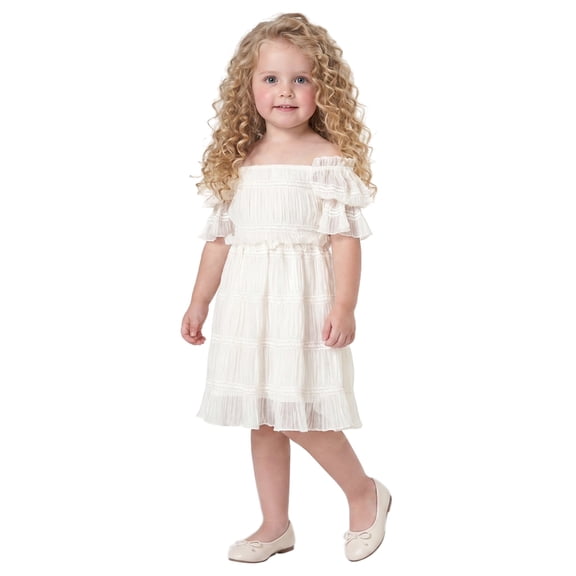 2Bunnies Girls' 12M-3T Baby Toddler Vintage Boho Rustic Off-Shoulder Textured Ruffle Dress