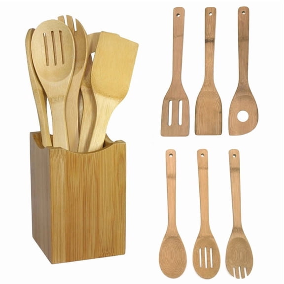 Bamboo Kitchen Utensil Set with Holder – 6-Piece Natural Wooden Cooking Tools, Includes Spatula, Spoon, and Slotted Turner, Eco-Friendly Kitchen Organizer