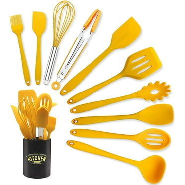 11 Piece Cooking Kitchen Utensils Set, Yellow Cooking Utensils Set, Non-Stick Silicone Spatula Set with Iron Utensils Holder, Silicone Kitchen Gadgets Utensil Set (Yellow)
