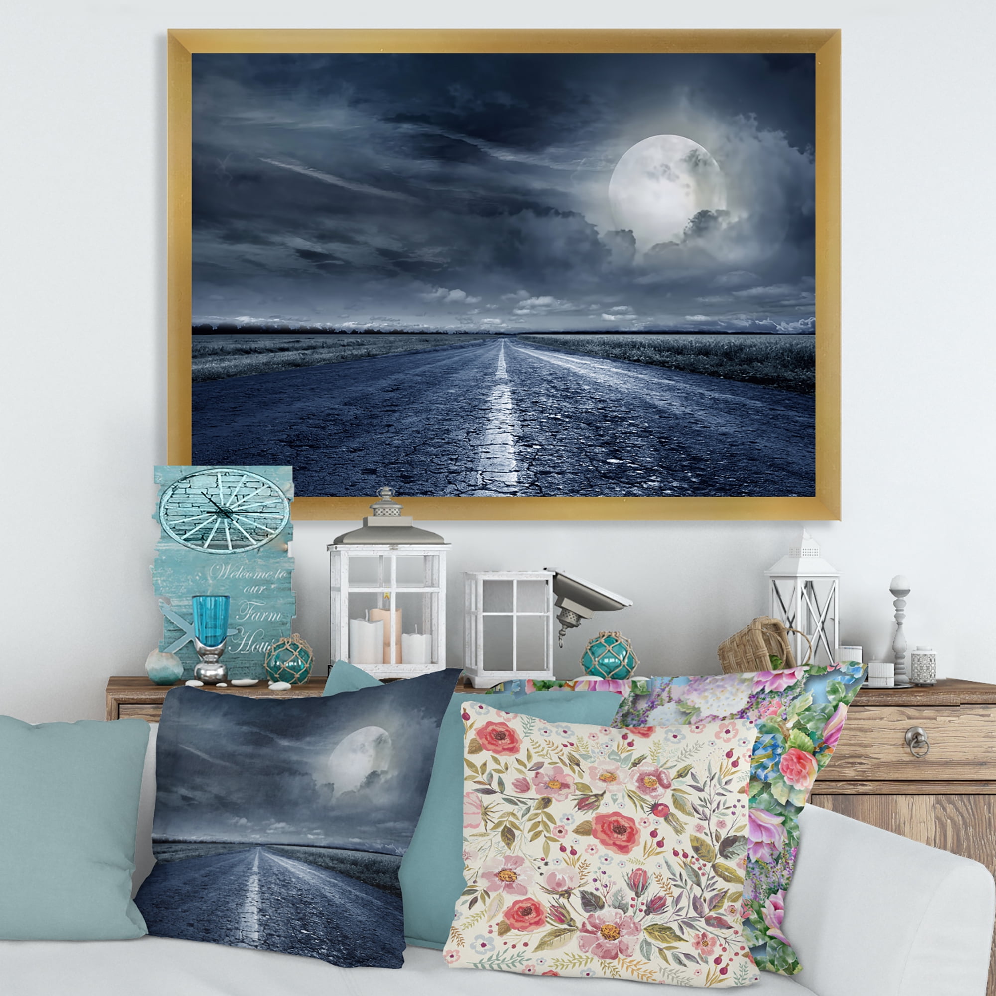 Designart 'Cloudy Full Moon Over Asphalt Road II' Nautical & Coastal Framed Art Print